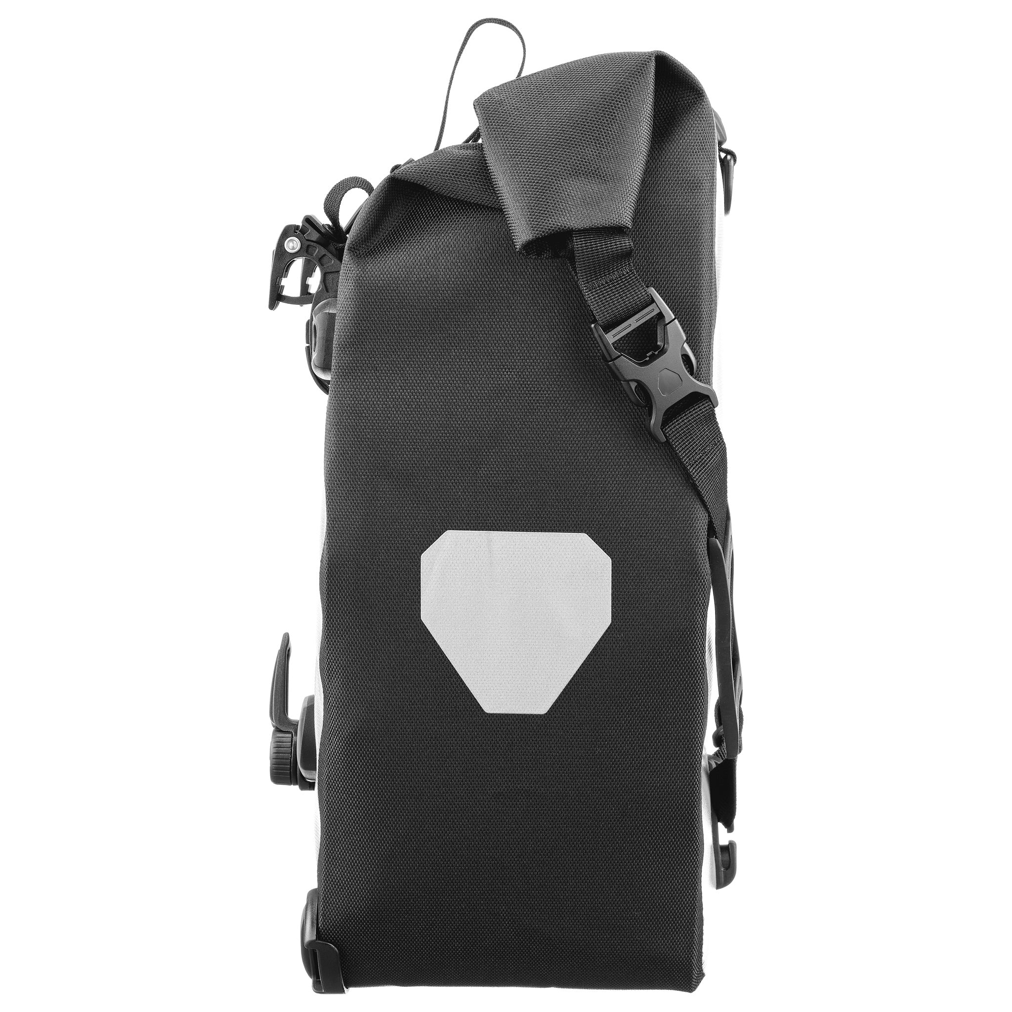 Seitenansicht der ORTLIEB Back-Roller Design Tasche in design "Morning Routine" mit reflektorfläche