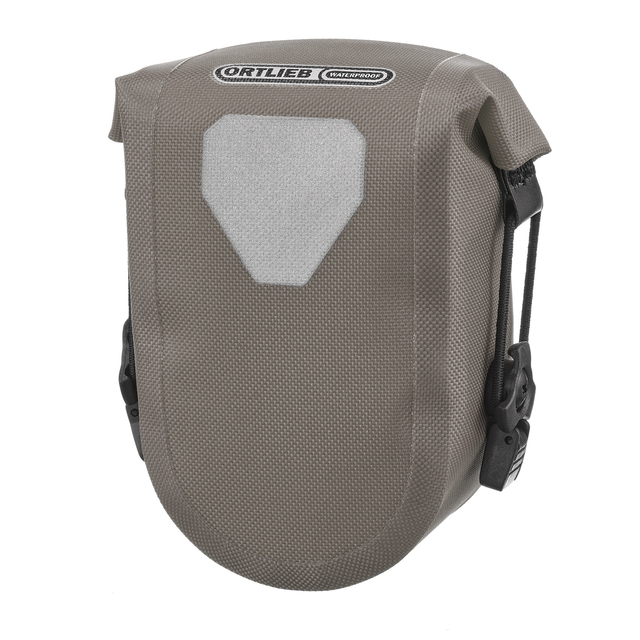 Seitliche Ansicht der ORTLIEB Micro-Bag 0.8L in dark sand mit Befestigungssystem