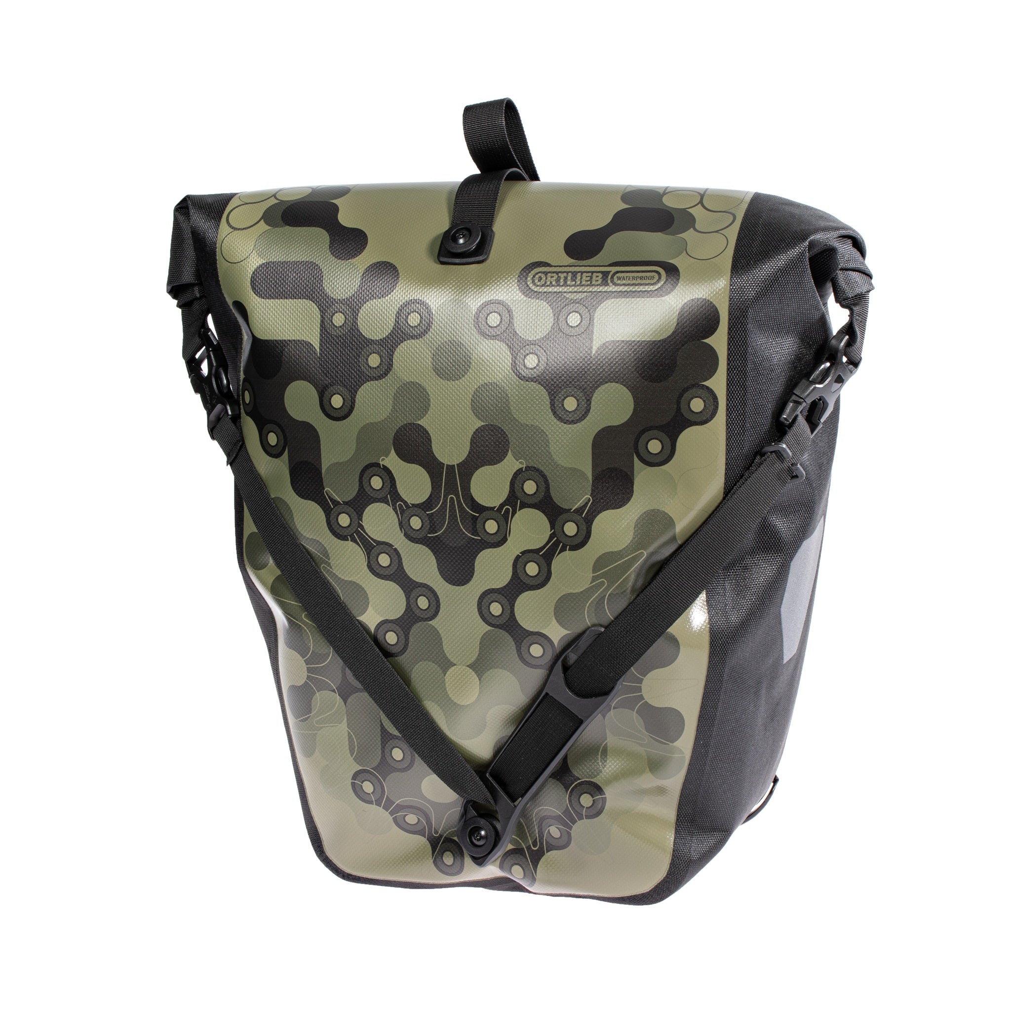 Vorderansicht der ORTLIEB Back-Roller Design Tasche in camouflage-olive mit Kettenmuster